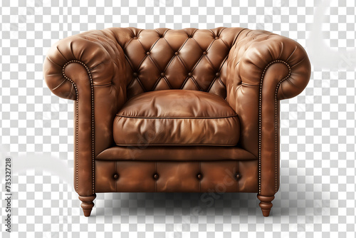 Brown leather chesterfield armchair, transparent background
