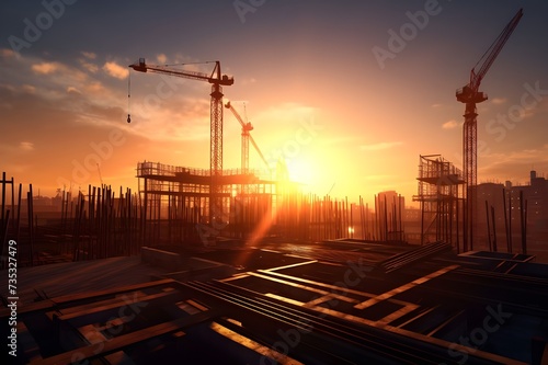 Construction site structural steel beam build large residential building at sunset. Engineer Technician Watching Team on High Steel Platform. 