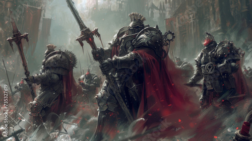 A group of fierce warriors clad in armor made from steel plates and gears defend their kingdom from enemy forces with their steampowered weapons.