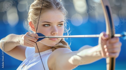 Close up of archer focusing on drawing bowstring with precision, summer olympic games sport concept