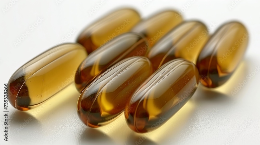 Macro view of vitamin d, e, yellow fish oil, omega 3 6 9 capsules for health supplements Macro view of vitamin d, e, yellow fish oil, omega 3 6 9 capsules for health supplements