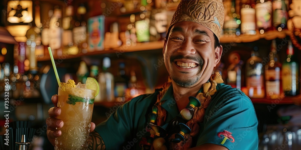 Bartender doling out tropical drinks at an exotic tiki bar - obrazy, fototapety, plakaty 