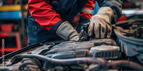 Woman mechanic working on repairing engine of car in automotive repair shop.