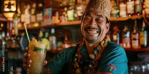 Bartender doling out tropical drinks at an exotic tiki bar photo