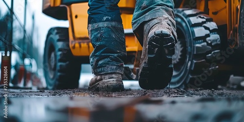 Construction concept with heavy forklift and worker in safety gear