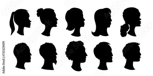 Female and male heads silhouettes. Black avatars with faces of guys and girls for social networks and web vector profile design