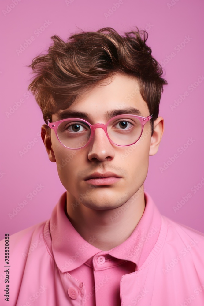 young guy model wearing glasses on pink background - optics salon poster