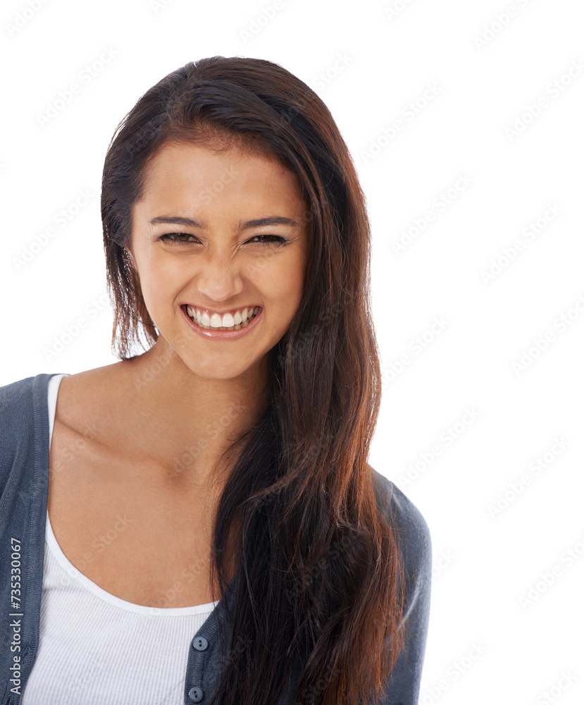 Portrait, fashion and smile with young woman in studio isolated on white background for casual style. Face, happy and relax with carefree person in trendy clothes outfit for cheerful expression Portrait, fashion and smile with young woman in studio isolated on white background for casual style. Face, happy and relax with carefree person in trendy clothes outfit for cheerful expression