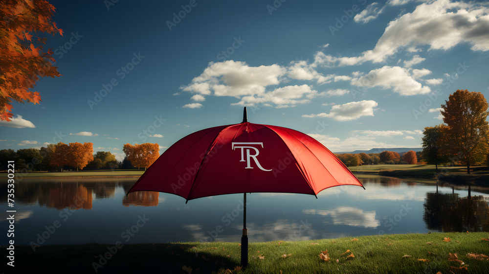 Elegant 'FV' Monogrammed Umbrella Amidst Nature: A Brisk Yet Blissful Illustration of Protection & Comfort