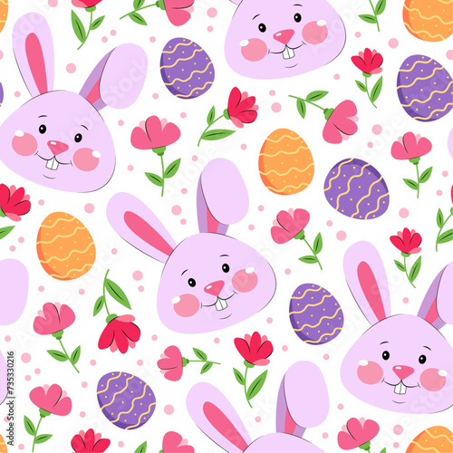 Easter seamless pattern with pink cartoon bunnies, colourful Easter eggs and flowers, Easter design for wrapping paper, banners, gifts, postcards.