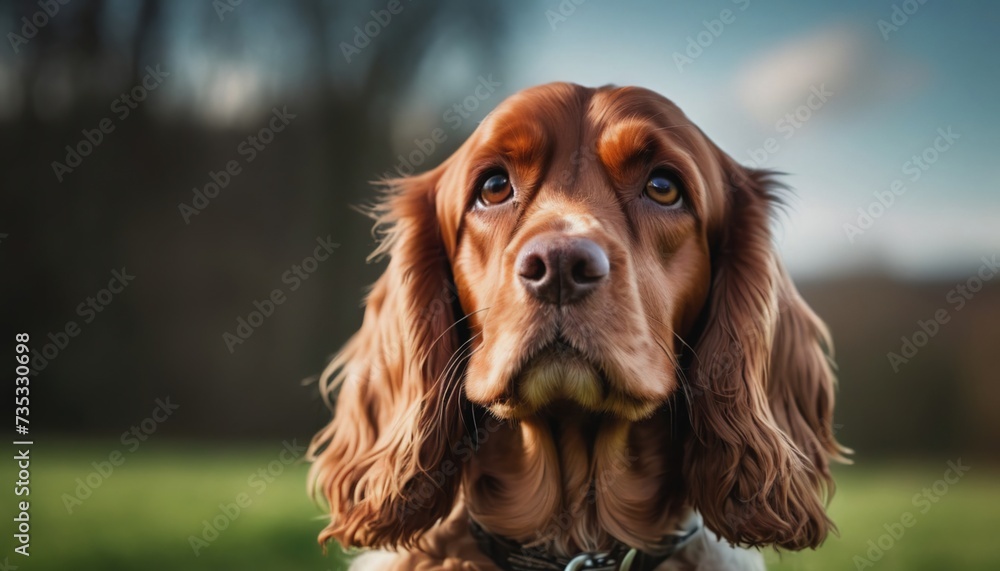 English Cocker spaniel, dog at dawn, purebred dog in nature, happy dog, beautiful dog