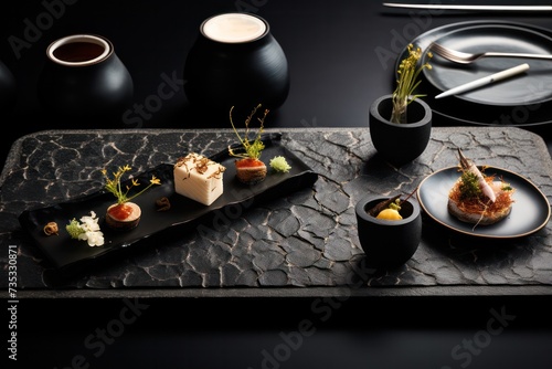 Fototapeta Naklejka Na Ścianę i Meble -  degustation or tasting menu at fancy Michelin star restaurant. several course meal at molecular gastronomy cuisine. 