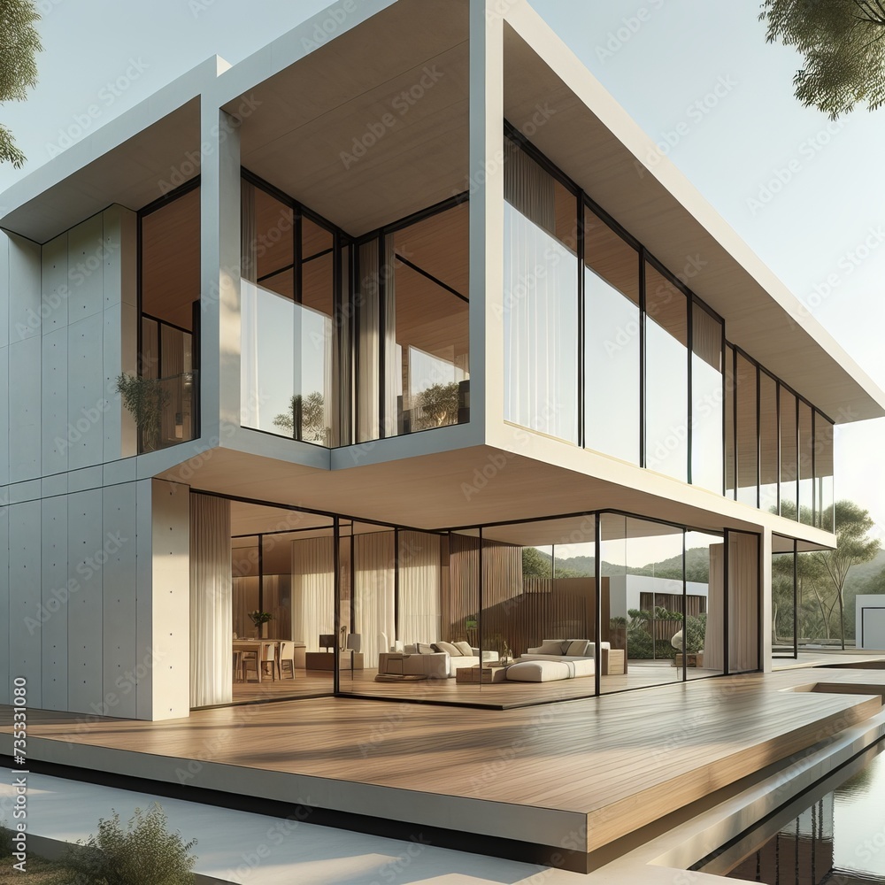 Modern Minimalist House Exterior with Spacious Glass Windows, Wooden Deck, and Elegant Design in Natural Setting
