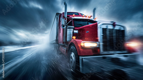 Transportation logistics braving the elements, a red semi-truck powers through a snowstorm, demonstrating the resilience and reliability of freight transport in extreme weather