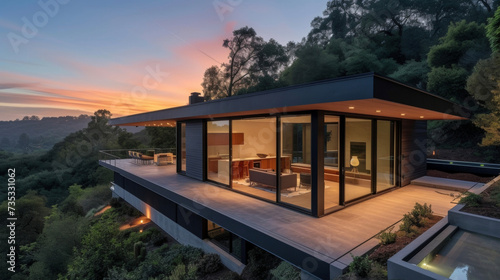 A sleek and modern home built into a hillside this artists retreat offers a stunning view of the valley below and a spacious lightfilled studio with sliding gl doors that