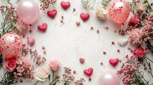 Beautiful frame from spring flowers and pink hearts for 8 March greeting card. International Women Day background