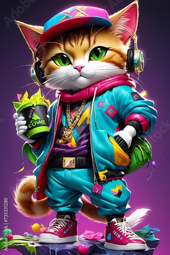 Generative ai. a picture of a cat with headphones and a skateboard, furry art, furry artist, cyberpunk cat, furry digital art, awesome cat