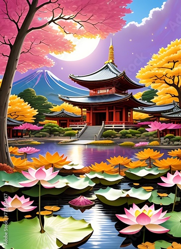 Generative ai. a painting of a pagoda surrounded by water lils  a digital painting  autumn night  beautiful ancient garden behind  lotuses  very colorful heavenly