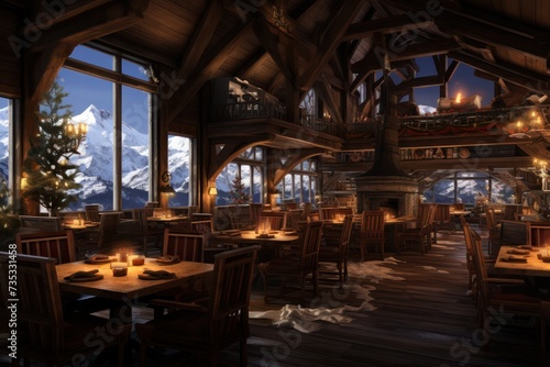 restaurant chalet wooden interior design at mountain ski resort