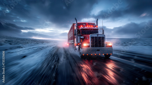 Transportation logistics shines as a red truck confronts a snowstorm head-on, symbolizing steadfast cargo transportation in inclement weather