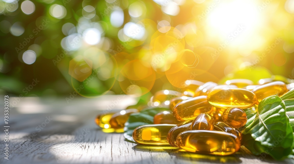 Vibrant yellow vitamin d or omega 3 capsule close up on pastel blurred background with copy