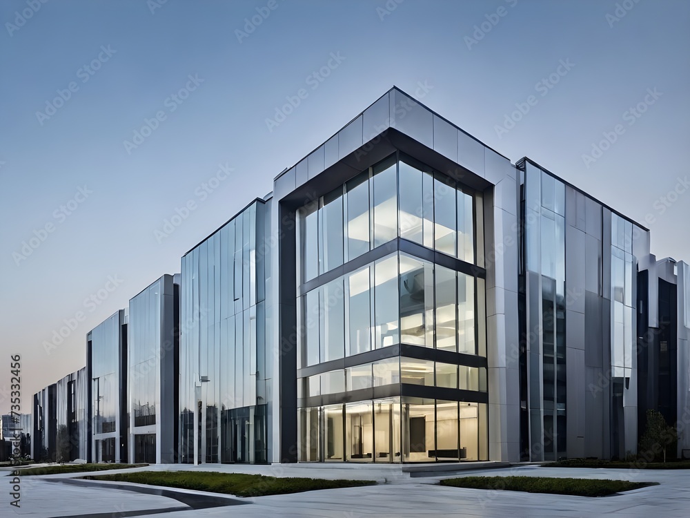 Obraz premium Evening Sky Reflecting on Modern Architectural Structure: A Glimpse into the Well-lit Interior Through Large Glass Panels, generative AI