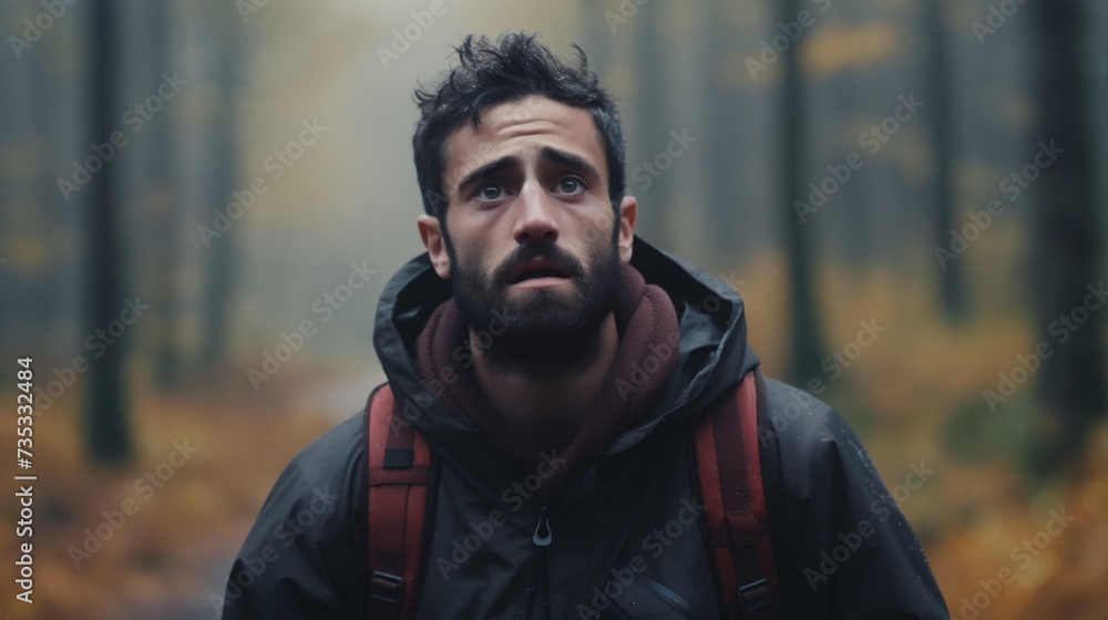 Caucasian young adult man lost in forest at autumn day, horror vibes. Lost male hiker, searching for the path, looking for the exit from the woods Caucasian young adult man lost in forest at autumn day, horror vibes. Lost male hiker, searching for the path, looking for the exit from the woods