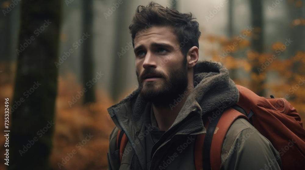 Caucasian young adult man lost in forest at autumn day, horror vibes. Lost male hiker, searching for the path, looking for the exit from the woods