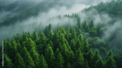 Foggy Morning in Lush Green Pine Forest