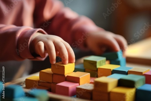 Educational toys, Cognitive skills, Montessori activity. Closeup: Hands of a little Montessori kid learning about color, shape, sorting, arranging by engaged colorful wooden sensorial blocks