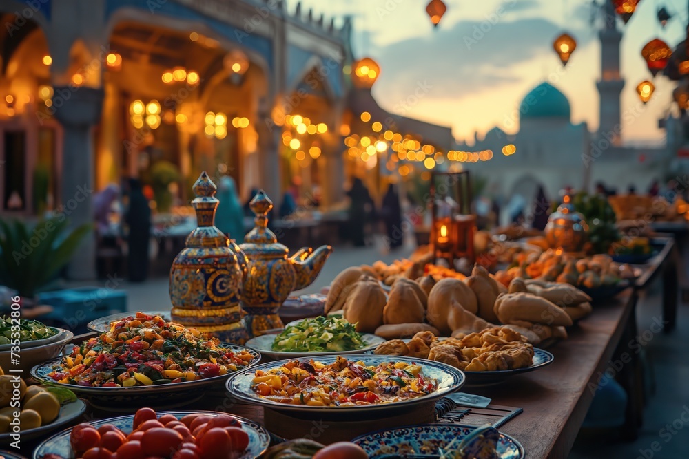 A table filled with numerous plates of food, showcasing a variety of dishes for a festive occasion or celebration. - obrazy, fototapety, plakaty 
