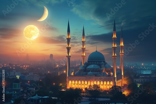 A stunning photo of a mosque bathed in light at night, with the moon shining in the background.