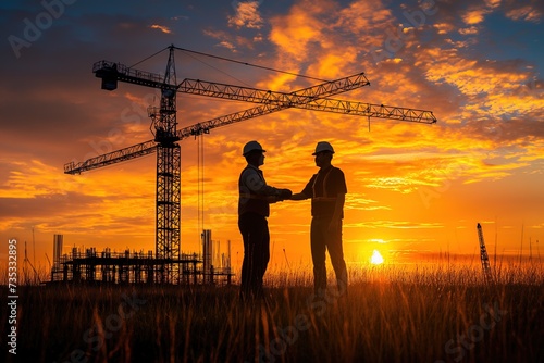 Two men at a construction site engage in a handshake, symbolizing friendship and mutual support.