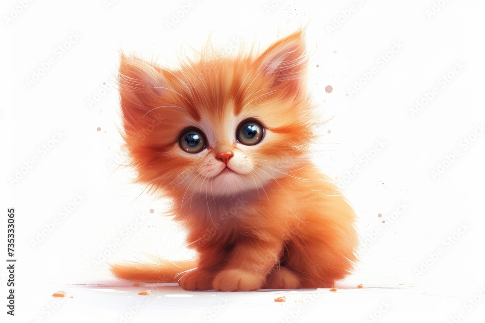 a small orange kitten is sitting on a white surface and looking at the camera