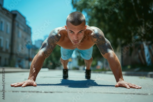 A man is seen doing push ups on a city street during a summer street workout.
