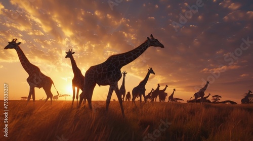 Serene Sunset Encounter with Graceful Giraffes AI Generated.