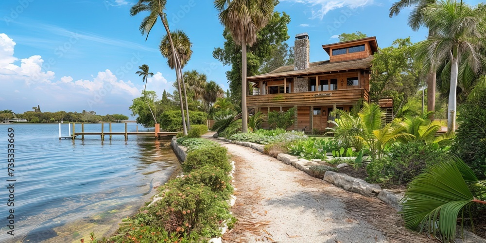 Obraz premium A two-story wooden home on a private island with long pathway leading to it. Forest with trees near beach shore