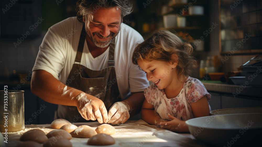 Father and daughter baking cookies together and smiling