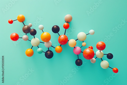 a chemical molecule in various colors against a turqu