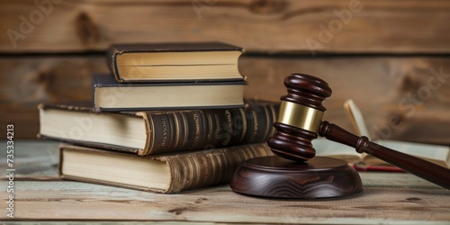 Symbol of Authority. Wooden Gavel Resting on Books atop a Wooden Table, Evoking the Essence of Law and Legal Practice.