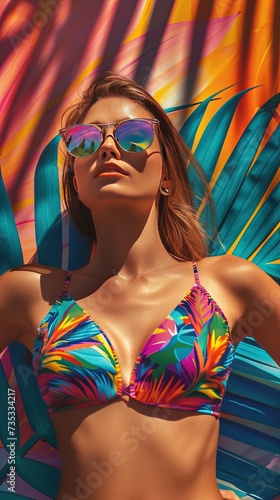 Beautiful young fit woman wearing colorful bikini on summer vacation background