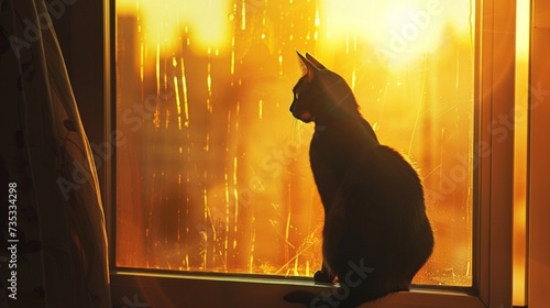 A sleek black cat perched on a windowsill, silhouetted against the setting sun, its fur glistening in the golden light.