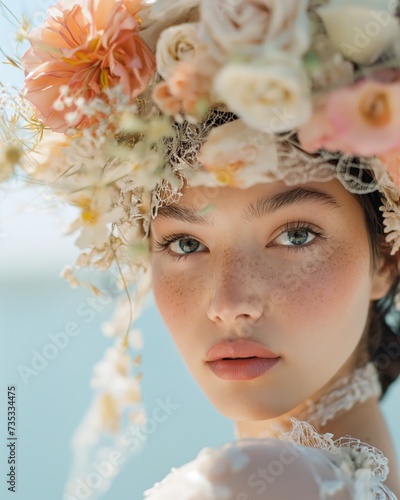 Young bride adorned with a floral headpiece, looking upwards thoughtfully.
