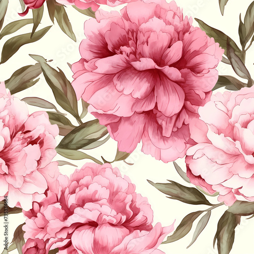 Seamless floral pattern with pink watercolor peony flowers. Print for wallpaper  cards  fabric  wedding stationary  wrapping paper  cards  backgrounds  textures