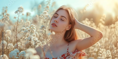 Beautiful woman exploring the outdoors during a floral spring afternoon. Sunny day with flowers in bloom. 