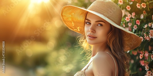Beautiful woman Wearing hat exploring the outdoors during a floral spring afternoon. Sunny day with flowers in bloom. 