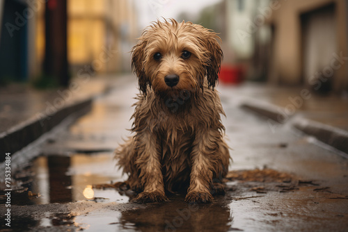 Cute dog sitting on wet street in rainy day, waiting for owner