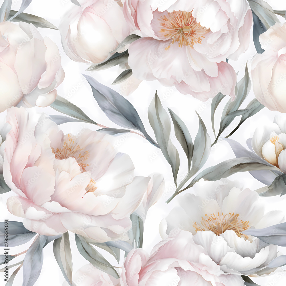 Seamless floral pattern with pink watercolor peony flowers. Print for wallpaper, cards, fabric, wedding stationary, wrapping paper, cards, backgrounds, textures