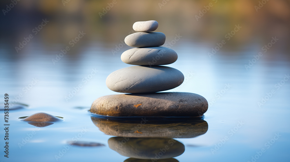 Pile of zen stones on the lake shore. Zen concept