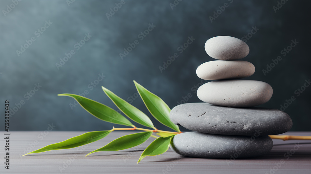 zen basalt stones and green bamboo on grey background, spa concept zen basalt stones and green bamboo on grey background, spa concept